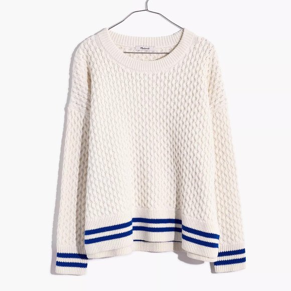 Madewell Sweaters - Madewell Stripe-Trim Honeycomb Pullover Sweater in Cotton-Merino Yarn Si…